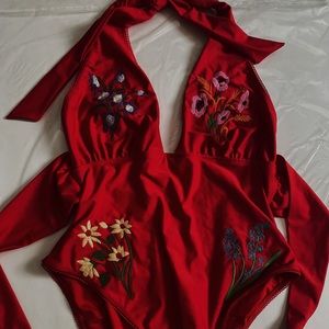 ✨ASOS DESIGN recycled embroidered floral tie front swimsuit in red✨